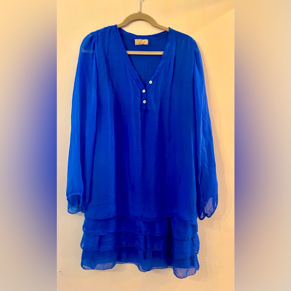 Sofia Size Large Silk Royal Blue Tiered Chiffon Tunic Dress